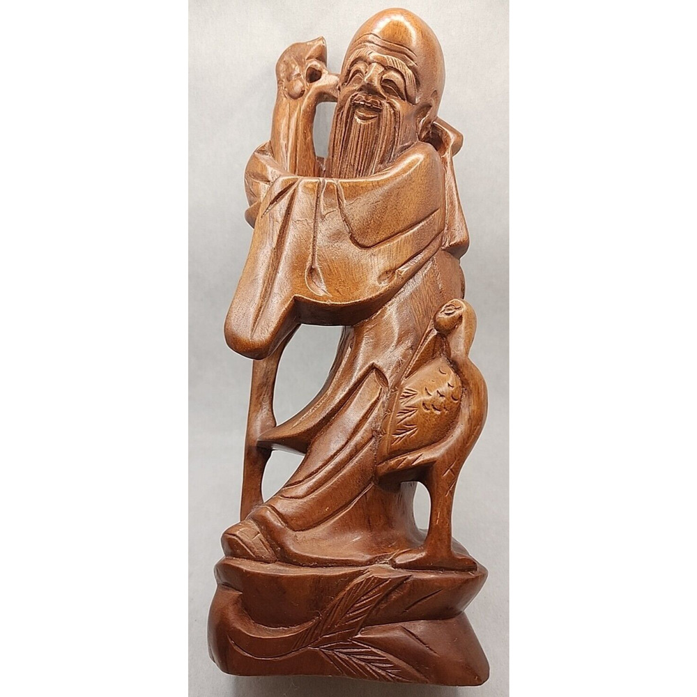 Vintage Asian Carved Wood Statue Man Crane Bird 12" Republic of China‎ U189